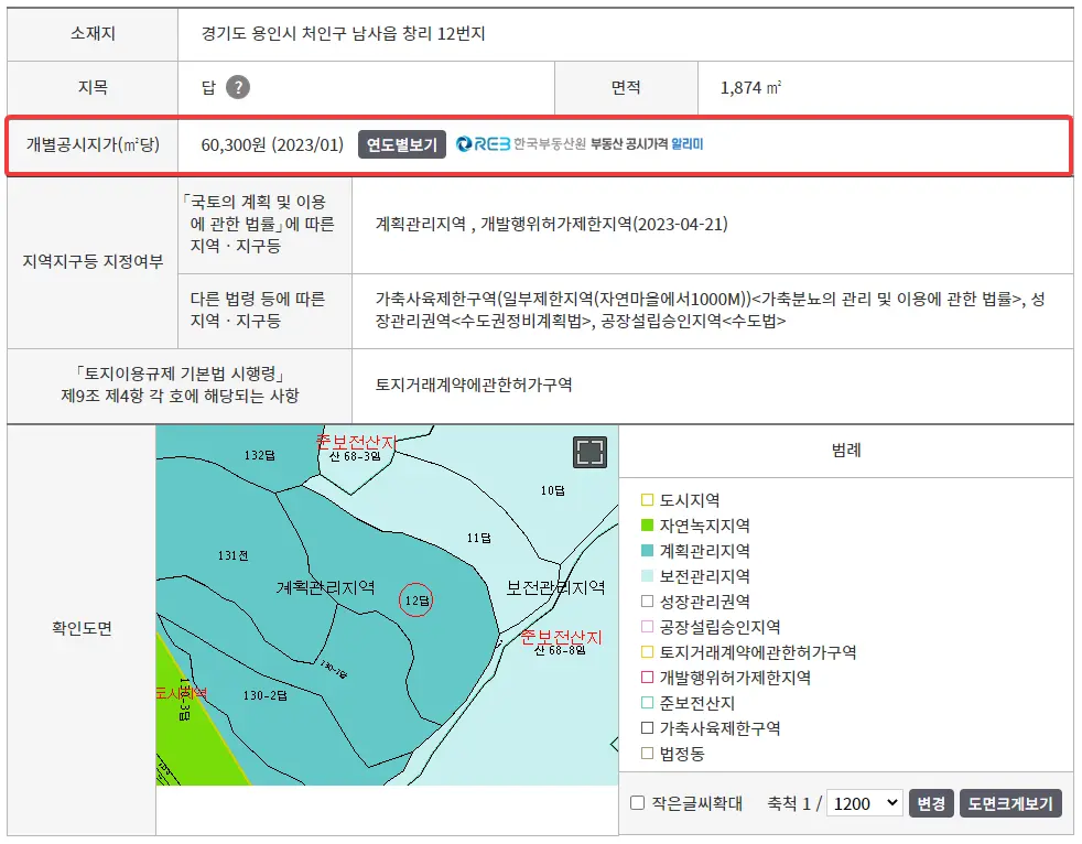 용인시 계획관리지역 토지 개별공시지가