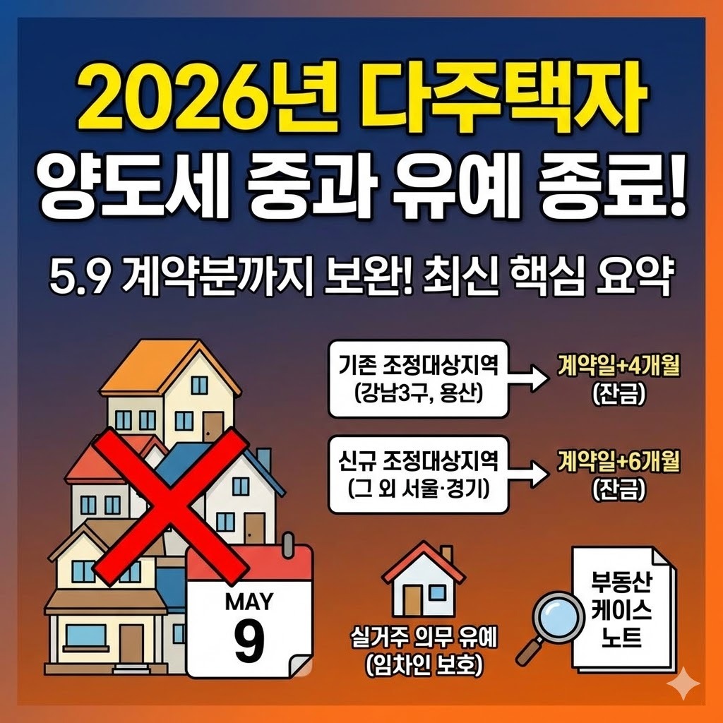 2026 조정대상지역 다주택자 양도세 중과 유예 종료5_9 계약분까지 배제 (보완방안 총정리) 2026 조정대상지역 다주택자 양도세 중과 유예 종료5_9 계약분까지 배제 (보완방안 총정리)