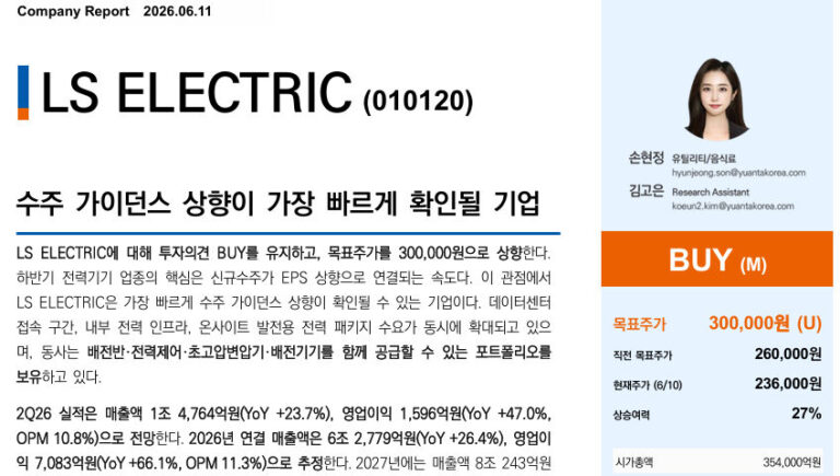 유안타증권 리포트 | LS ELECTRIC 목표주가 상향 이유와 데이터센터 전력 인프라 수주 전망