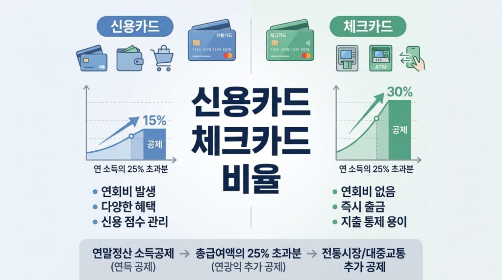 신용카드 체크카드 비율 연말정산 황금공식: 총급여 25% 넘긴 뒤 환급액 2배 늘리는 소비 전략