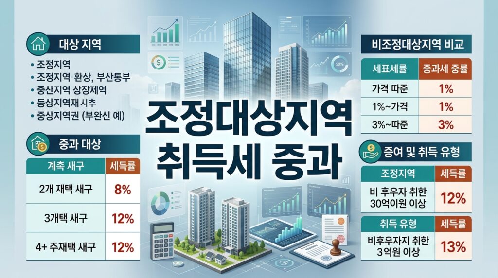 조정대상지역 취득세 중과 총정리: 2주택 8%·3주택 12%, 일시적 2주택 3년 예외와 증여 취득세 12%