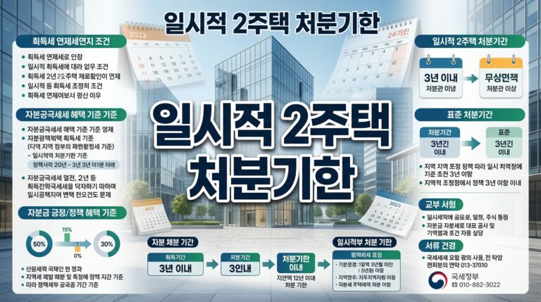 일시적 2주택 처분기한 한 번에 정리: 취득세 3년·양도세 3년→2년·종부세 3년→2년 (조정대상지역 기준)