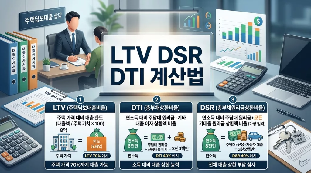 LTV, DSR, DTI 완벽 정리: 내 연봉 대비 최대 주담대 한도 계산법