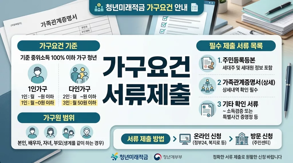 청년미래적금 가구요건 서류 제출, 가족관계 확인과 가구원 제외 신청 기준