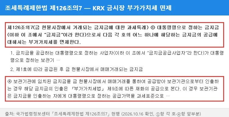 조세특례제한법 제126조의7 — KRX 금 현물시장 금지금 부가세 면제, 인출 시 부가세