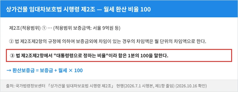 상가건물 임대차보호법 시행령 제2조 제2항·제3항 — 월 단위 차임, 환산 비율 1분의 100